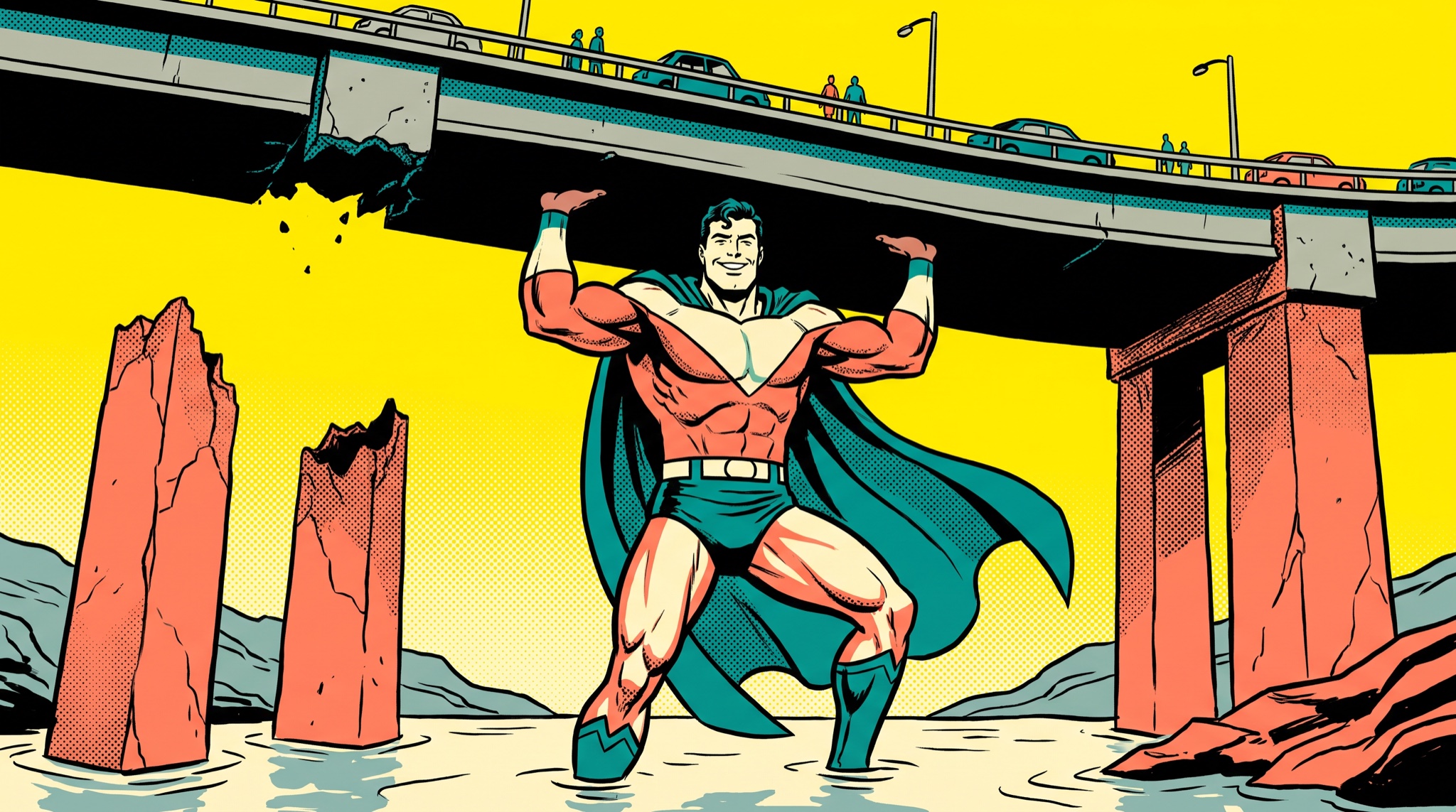 Comic panel of a smiling superhero holding up a road bridge alone as its only support while cars and pedestrians cross above and broken pillar stubs stand around him.