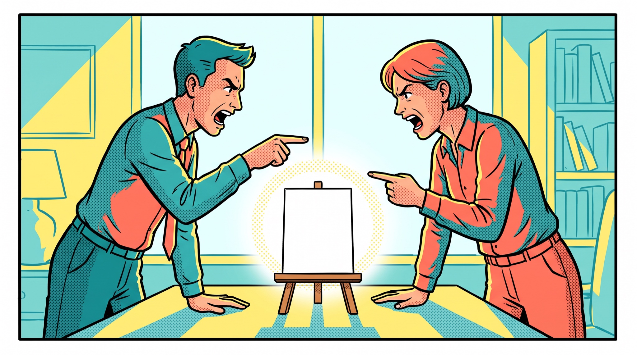 Comic panel of two coworkers arguing and pointing at each other across a desk while a blank white page stands on a small easel between them, glowing.