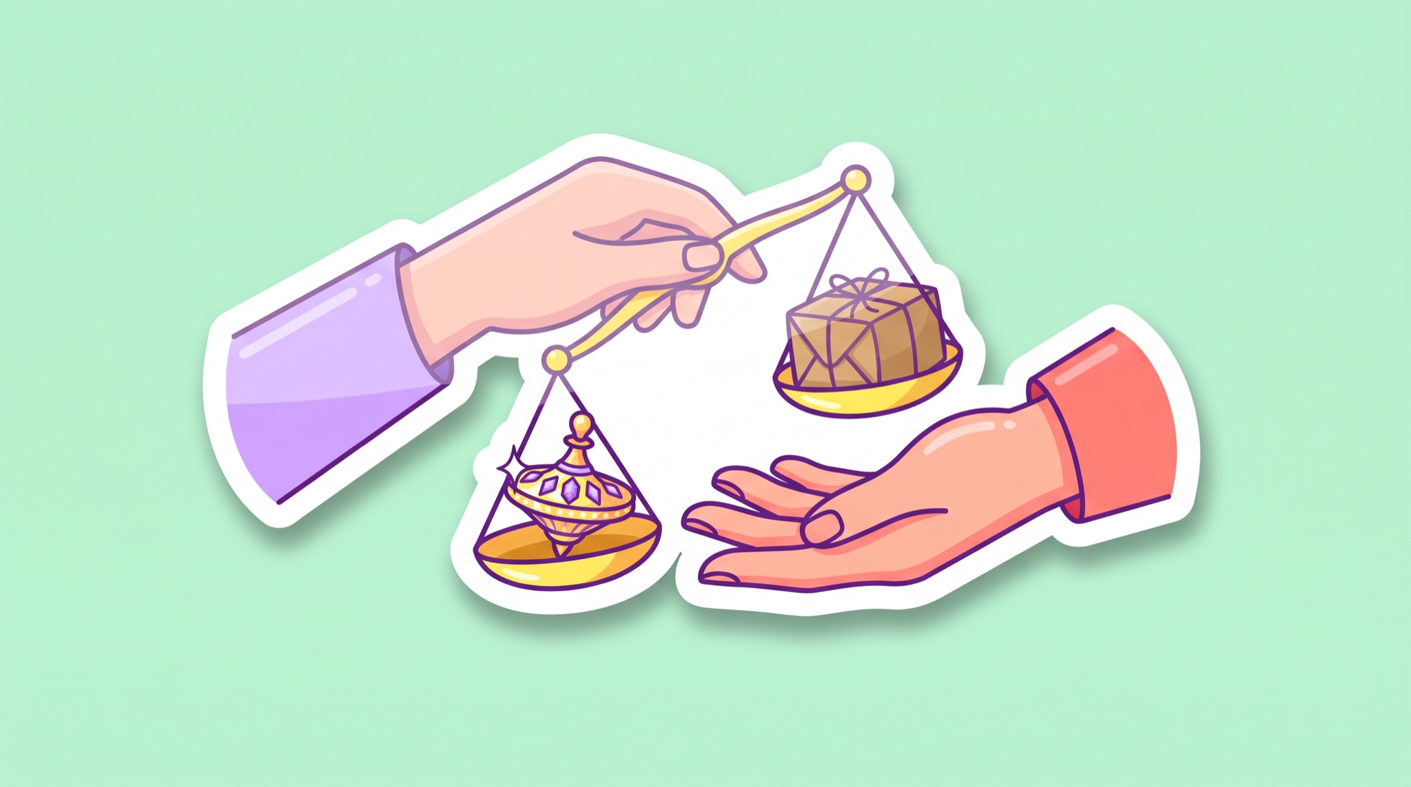 Sticker-style illustration of one hand passing a small balance scale to an open hand, with a jeweled spinning top on one pan and a wrapped parcel on the other.